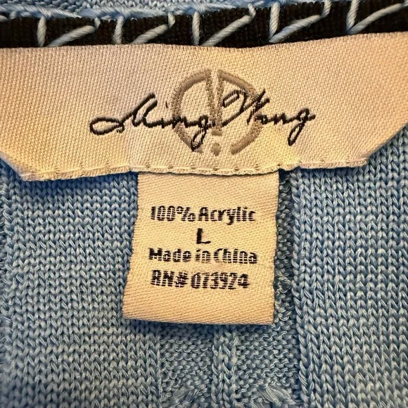 Ming Wang Blue Cable Knit Cardigan L Classic Sweater Black Trim Single Button - Picture 7 of 8